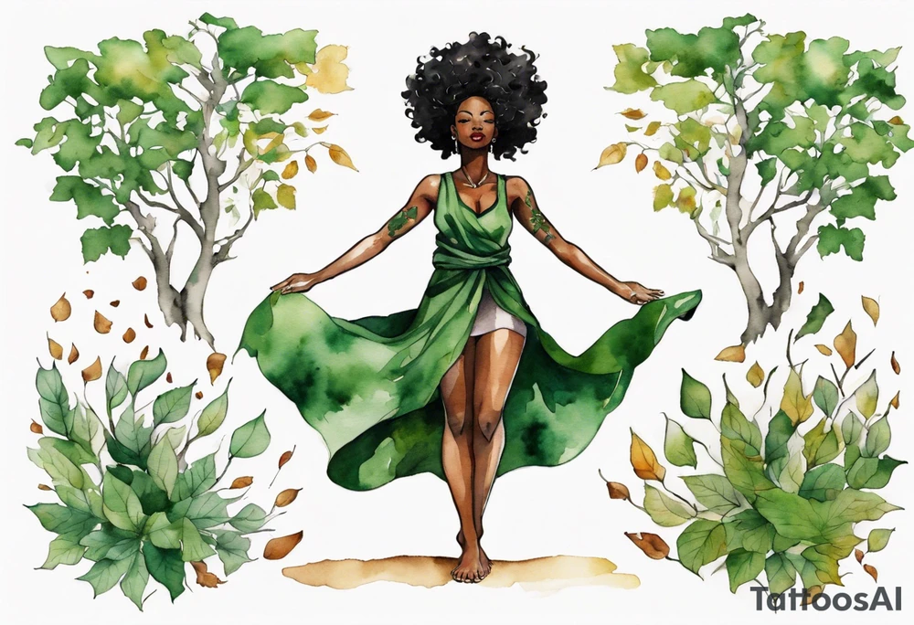 a black woman wearing a green tunic with the lower-half of a tree, her arms raised towards the sun, her roots spreading wide into a field of fallen leaves tattoo idea