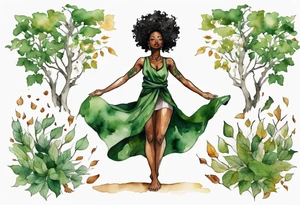 a black woman wearing a green tunic with the lower-half of a tree, her arms raised towards the sun, her roots spreading wide into a field of fallen leaves tattoo idea