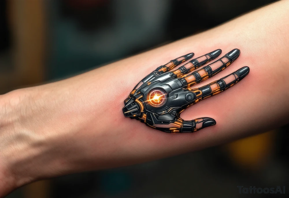 A half-human, half-android hand design in glossy gunmetal, lit from within by soft amber light trails tattoo idea