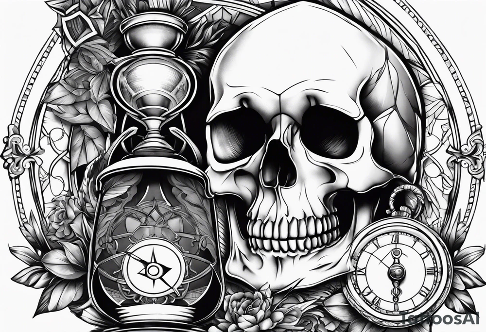 Skull, hourglass, compass tattoo idea
