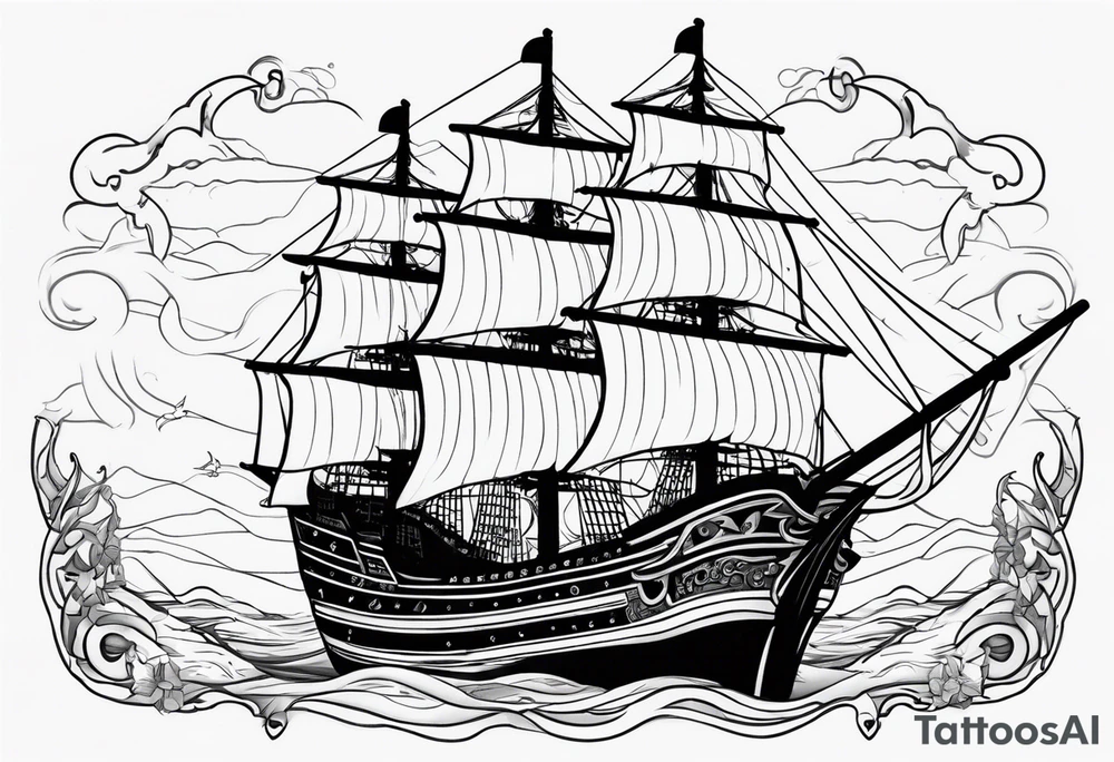 Black and gray pirate ship with the names Albie and Crew tattoo idea