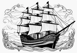 Black and gray pirate ship with the names Albie and Crew tattoo idea