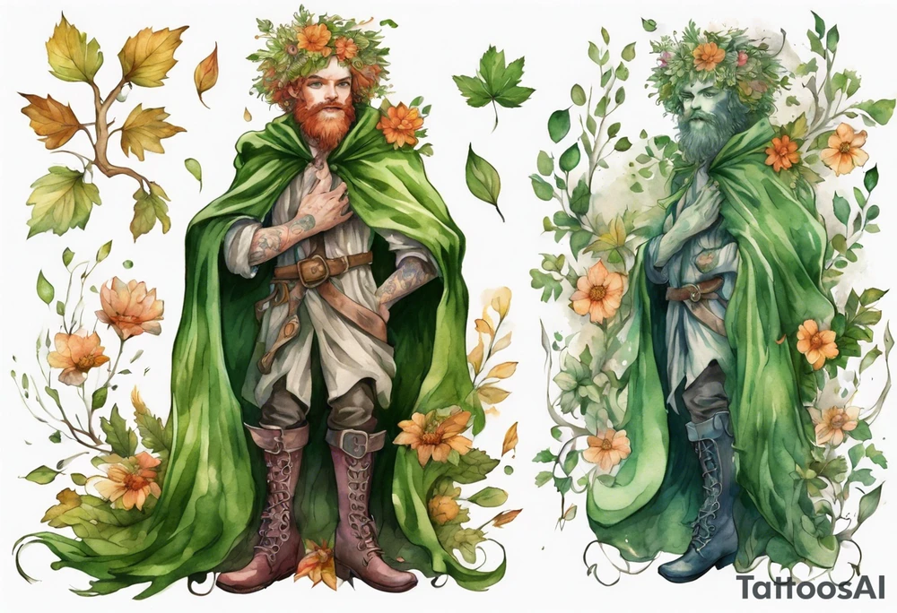 A young, beautiful tree-man hybrid with flower hair and a cloak made of leaves. Wearing floral medieval boots. Singing. tattoo idea