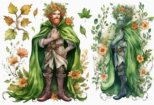A young, beautiful tree-man hybrid with flower hair and a cloak made of leaves. Wearing floral medieval boots. Singing. tattoo idea