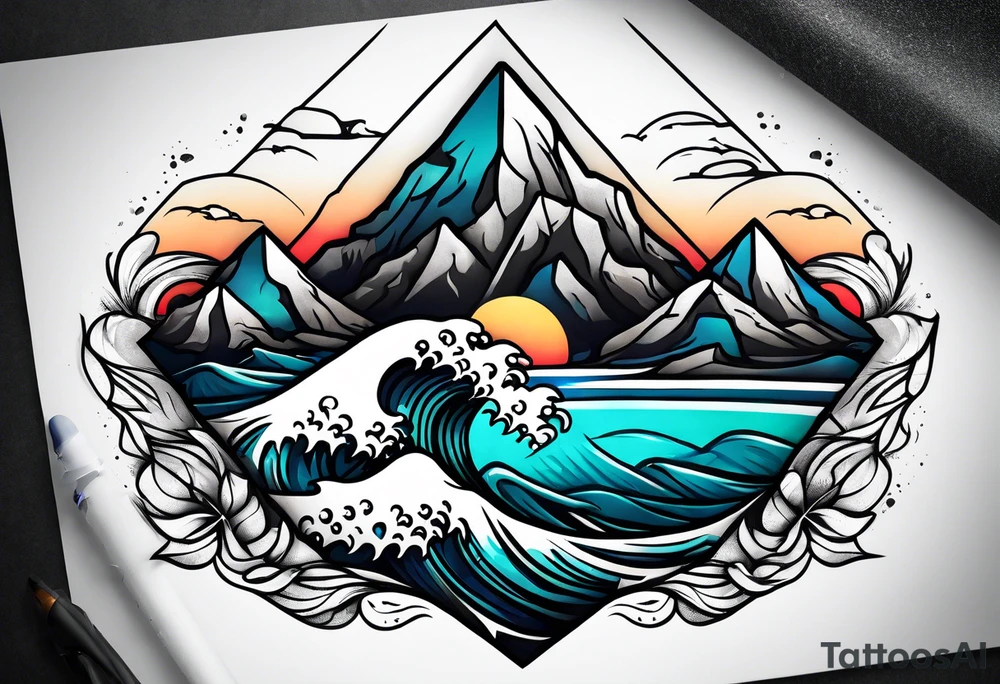 Mountains and big ocean waves  crashing diamond shape tattoo idea