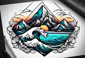 Mountains and big ocean waves  crashing diamond shape tattoo idea