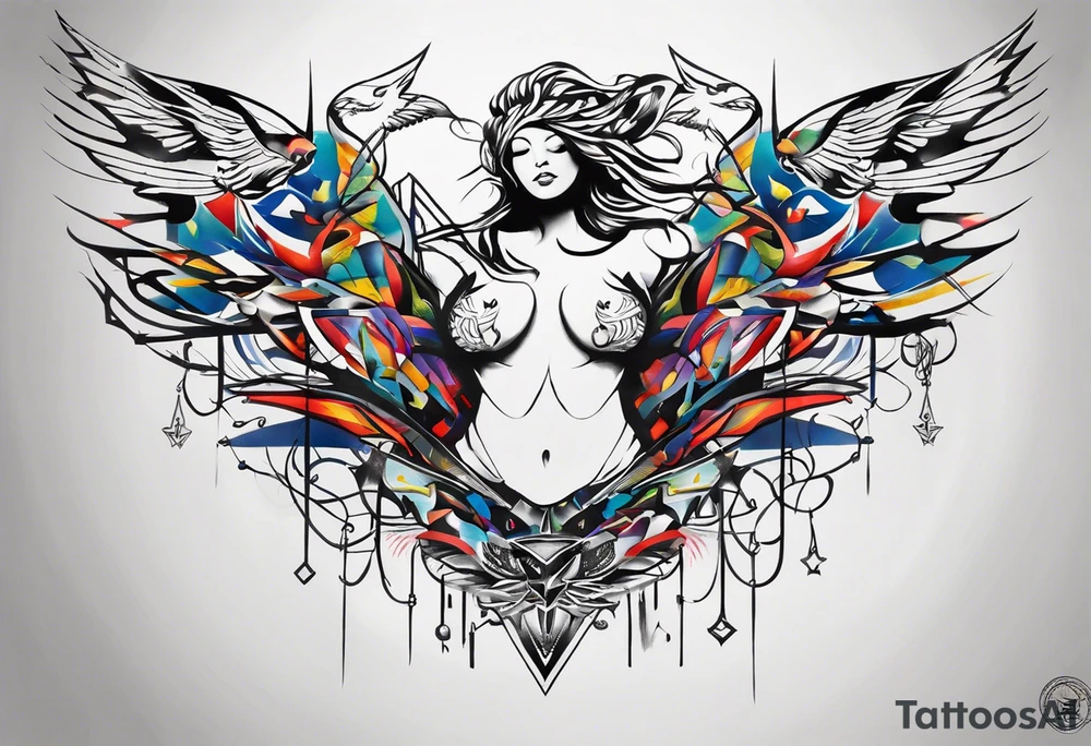 Wide tattoo that appears to be bursting out of the skin, symbolizing freedom. The tattoo should be vibrant and dynamic, with bold lines and colors that evoke a sense of liberation and empowerment. Need to incorporate broken chains. The tattoo should be visually striking and thought-provoking. tattoo idea