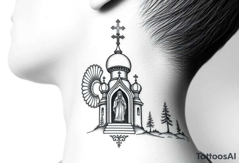 russian coat arms traditional christian orthodox cross with a virgin mary stood in the entrance of a russian orthodox dome church on the side of the neck in a wilderness setting tattoo idea