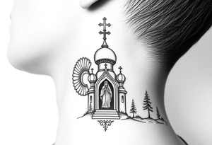 russian coat arms traditional christian orthodox cross with a virgin mary stood in the entrance of a russian orthodox dome church on the side of the neck in a wilderness setting tattoo idea