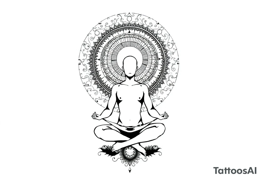 a figure - just a shadow /outline sitting in cross cross position meditating based on the lyrics “doing time in the universal mind” by the doors - with a psychedelic trippy background that correlates to TIME as the meditation expands out from his head into the universe / cosmos tattoo idea