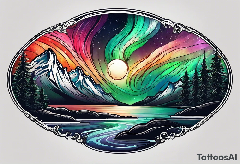 northern lights mountain circle shaped tattoo idea