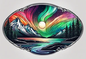 northern lights mountain circle shaped tattoo idea
