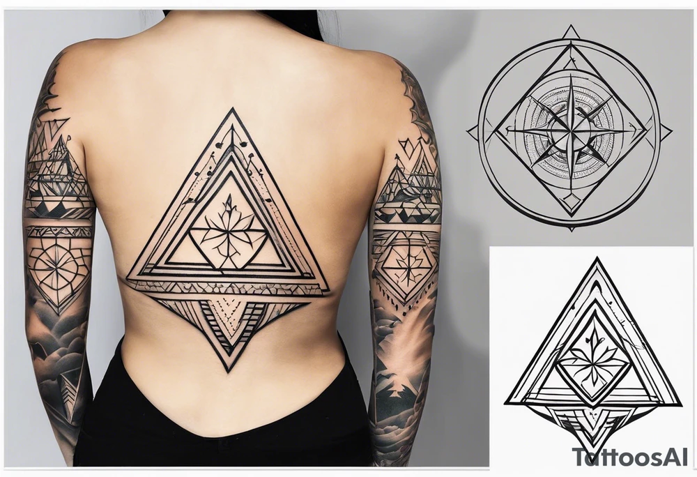 Fine line tattoo that will have three simple filled in shapes placed in a triangle formation. The top shape will be a geometric heart that symbolizes health. The bottom left will have a compass rose as a symbol for purpose. The bottom right will have three circles placed in a triangle formation to symbolize family. Tattoo should be minimalist with just the shapes filled in and no ornaments tattoo idea