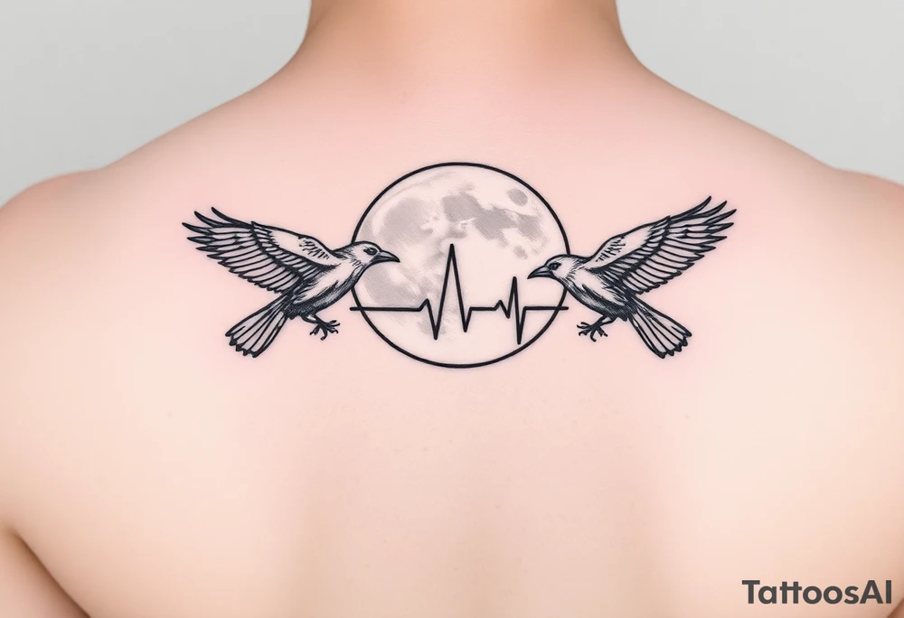 Create a minimalist tattoo design symbolizing the deep connection between a mother and daughter, featuring the initials L and E. Incorporate two crows flying around a full moon, connected by an ECG heartbeat line that represents their shared life energy. The design should feel mystical, balanced, and emotionally meaningful.” tattoo idea