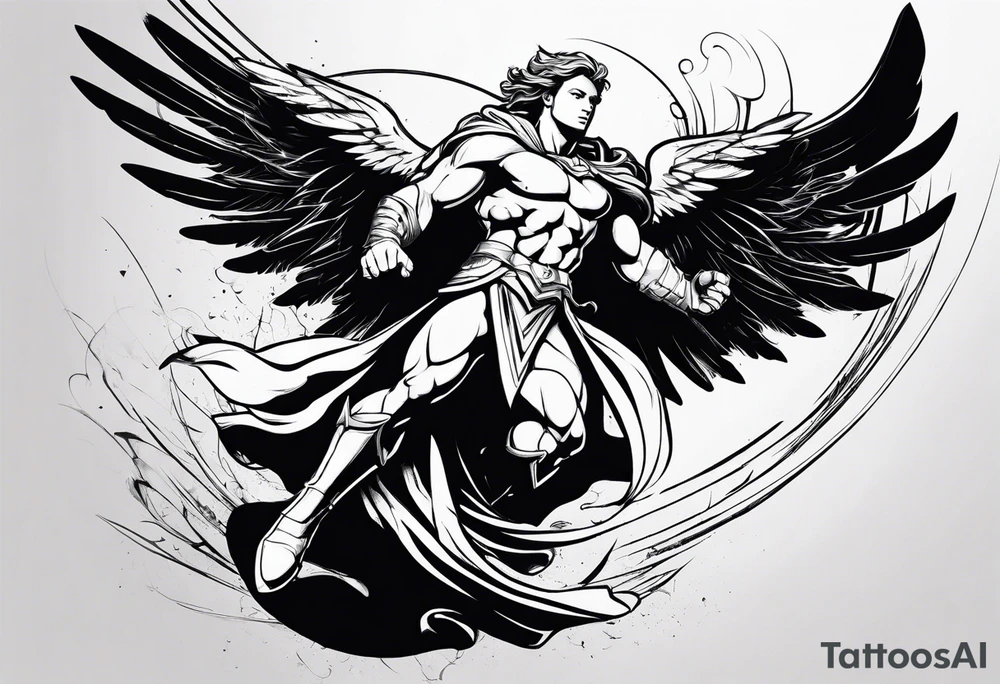 Angel in the pose of a superhero landing tattoo idea