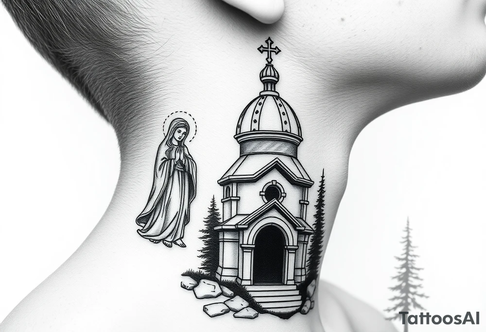 russian design traditional virgin mary stood beside the entrance of a russian orthodox dome church on the side of the neck in a wilderness setting with the design on the side of the neck tattoo idea