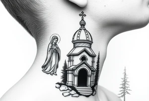 russian design traditional virgin mary stood beside the entrance of a russian orthodox dome church on the side of the neck in a wilderness setting with the design on the side of the neck tattoo idea
