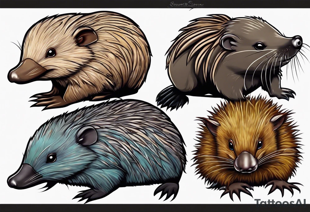 Australian Platypus, Echidna, Wombat & Sugar Glider together tattoo idea