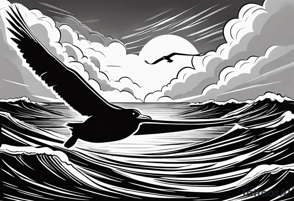 A black and white illustration of a silhouette of an albatross in flight against a stormy sky. The albatross is a large seabird with a wingspan of up to 11 feet. It is known for its ability to fly long distances over open water. The stormy sky has dark clouds and lightning. The background is the ocean. tattoo idea