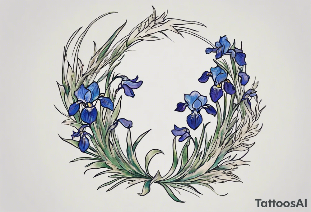 Create a small Vincent van Gogh Irises tattoo. The tattoo should take the form of a crescent, with vines gracefully intertwining at a central point in the middle of the wreath. Ensure that the design avoids the appearance of a bush and maintains a more structured and deliberate arrangement. The intended placement is on the upper chest. The overall design should be small in size while maintaining a delicate and artistic aesthetic. Pay attention to the graceful flow of the vines and the placement of the irises to achieve a refined and elegant look. tattoo idea