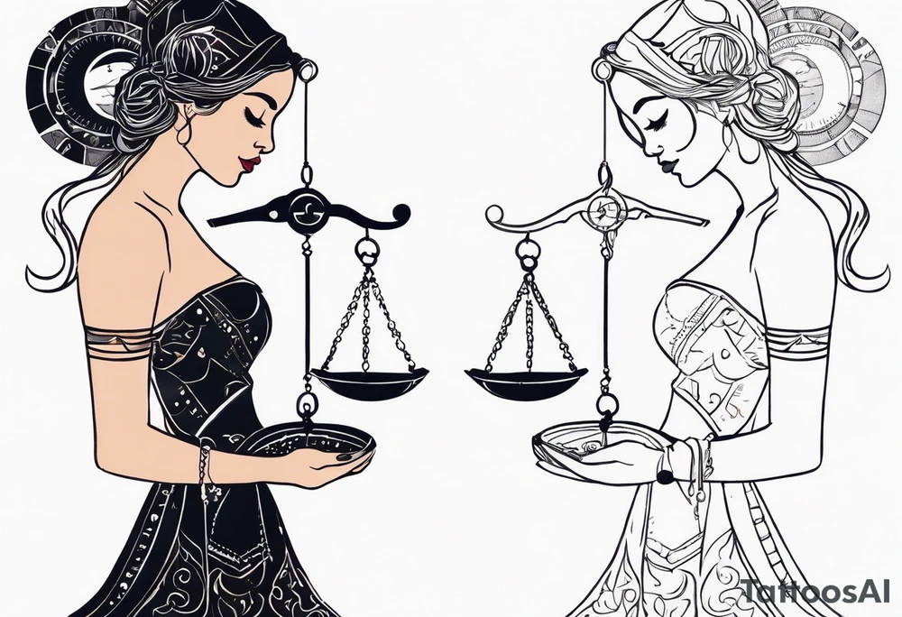 Libra woman holding scales with a night zodiac background including a half moon that encircles half of the woman with vibrant colors tattoo idea