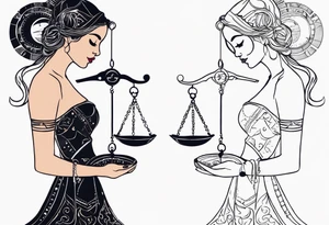 Libra woman holding scales with a night zodiac background including a half moon that encircles half of the woman with vibrant colors tattoo idea