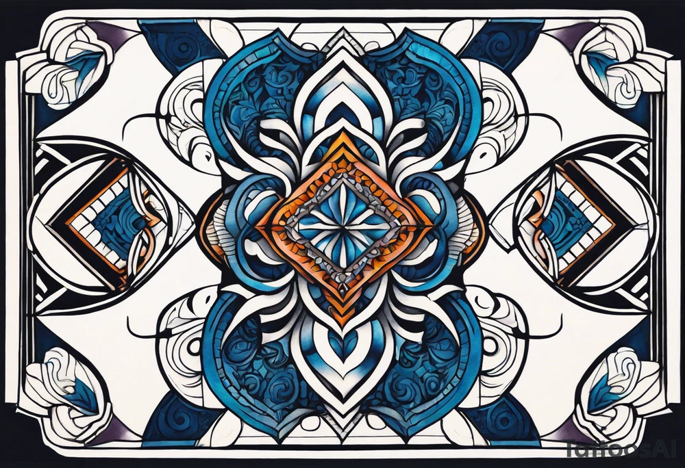 semi Detailed neo traditional knee tattoo flat on paper. The tattoo features geometric patterns and bold lines, creating a visually striking design with slight tints of deep fall colors. The a background 
behind the tattoo featuring deep blues washes and water swirls tattoo idea
