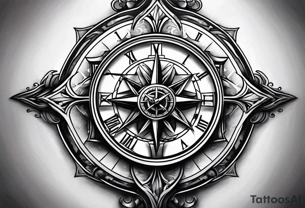 Catholic Cross with clock and compass in the middle tattoo idea