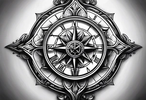 Catholic Cross with clock and compass in the middle tattoo idea