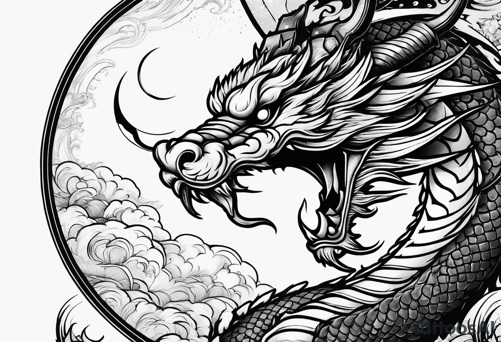 Japanese Dragon with a katana sword and the moon tattoo idea