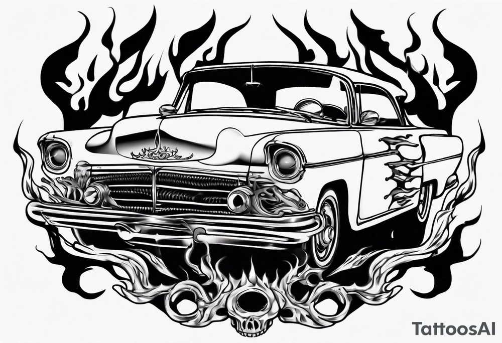 An old vintage classic car with flames coming out of the hood and a skeleton head at the top of the flames tattoo idea
