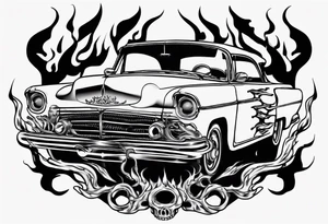 An old vintage classic car with flames coming out of the hood and a skeleton head at the top of the flames tattoo idea