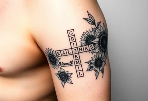 Crossword puzzle with sunflowers with names Gloria, Ariel, Herbert, Camila, and Kenny tattoo idea