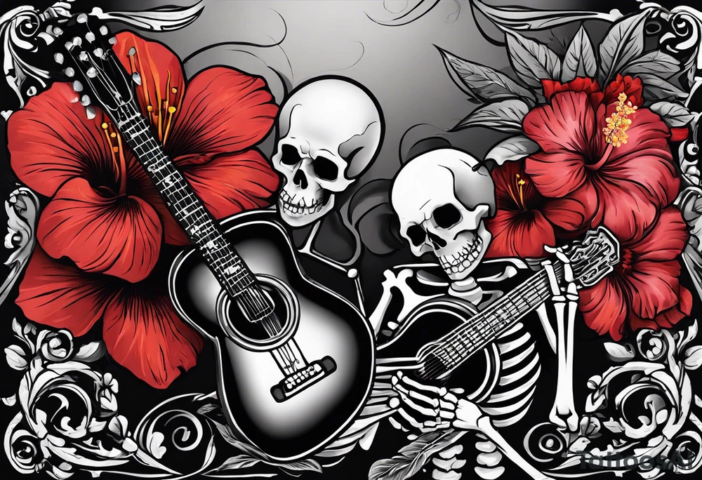 Generate a tattoo design featuring two skeletons: a female skeleton holding a hibiscus flower and a male skeleton playing a guitar. The scene should capture a moment of connection between the two, with the female skeleton attentively listening to the music played by the male skeleton. Emphasize the details of the hibiscus flower, the expressions on the skeletons' faces, and the fluidity of the music being played on the guitar. tattoo idea