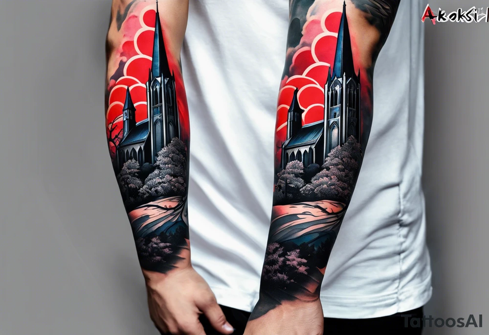 I am black Full arm sleeve with multiple elements blended together. I want the Duke university chapel , cherry tree elements , red clouds from akatski , naruto or sauske , Atl skyline and captain tattoo idea