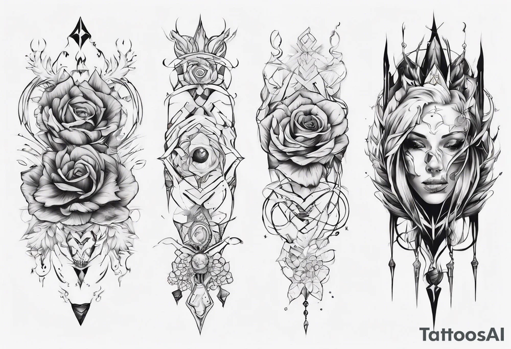 Create a tattoo with five separate images that are connected vertically by a single line tattoo idea