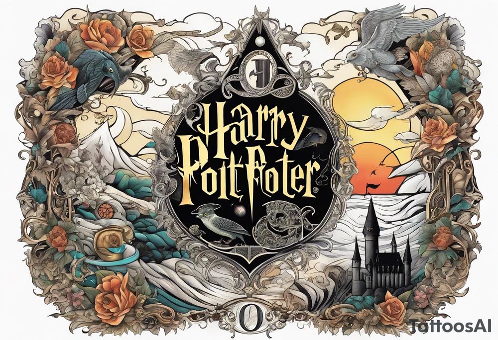 Cohesive sleeve with elements from 1984, Harry Potter, a series of unfortunate events, tattoo idea