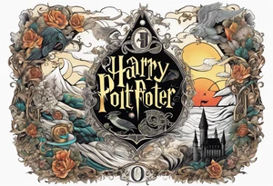 Cohesive sleeve with elements from 1984, Harry Potter, a series of unfortunate events, tattoo idea