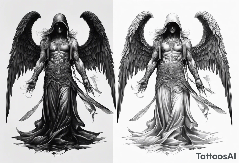 realistic full body of angel of death, without face, man tattoo idea