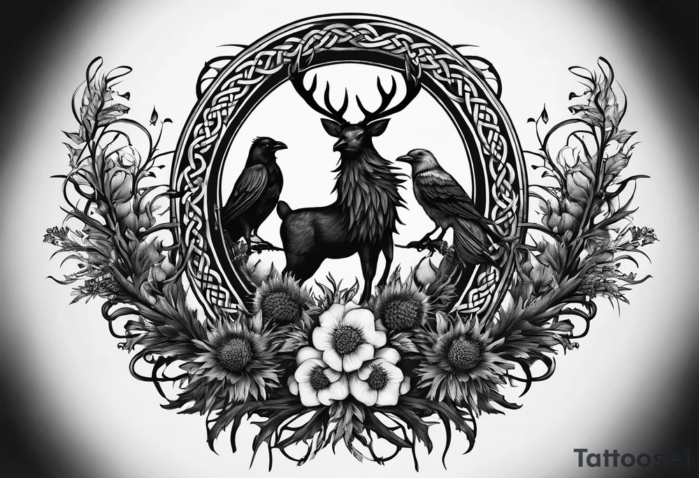 three thistles + Celtic knots + a stag + three ravens + the phrase "always remember there is nothing worth sharing like the love that let us share our names" tattoo idea