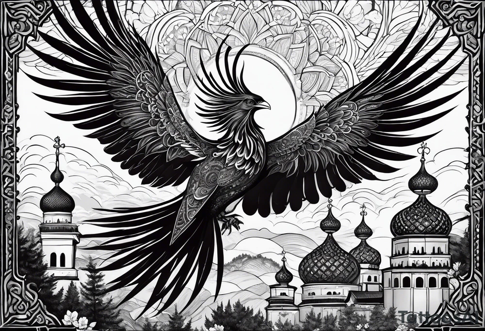 russian firebird in-flight with long fancy tail and 3 small onion cap monastery towers in background, with "Isaiah 43: 18-19" tattoo idea