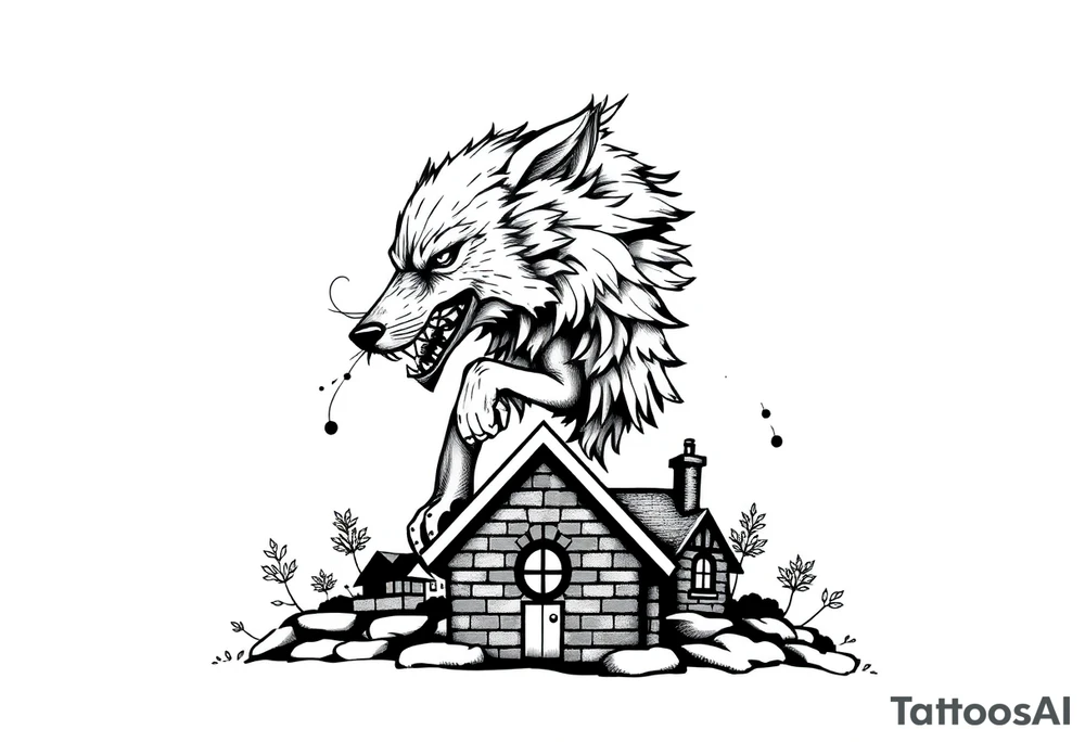 Big bad wolf huffing puffing and blowing a brick house down tattoo idea