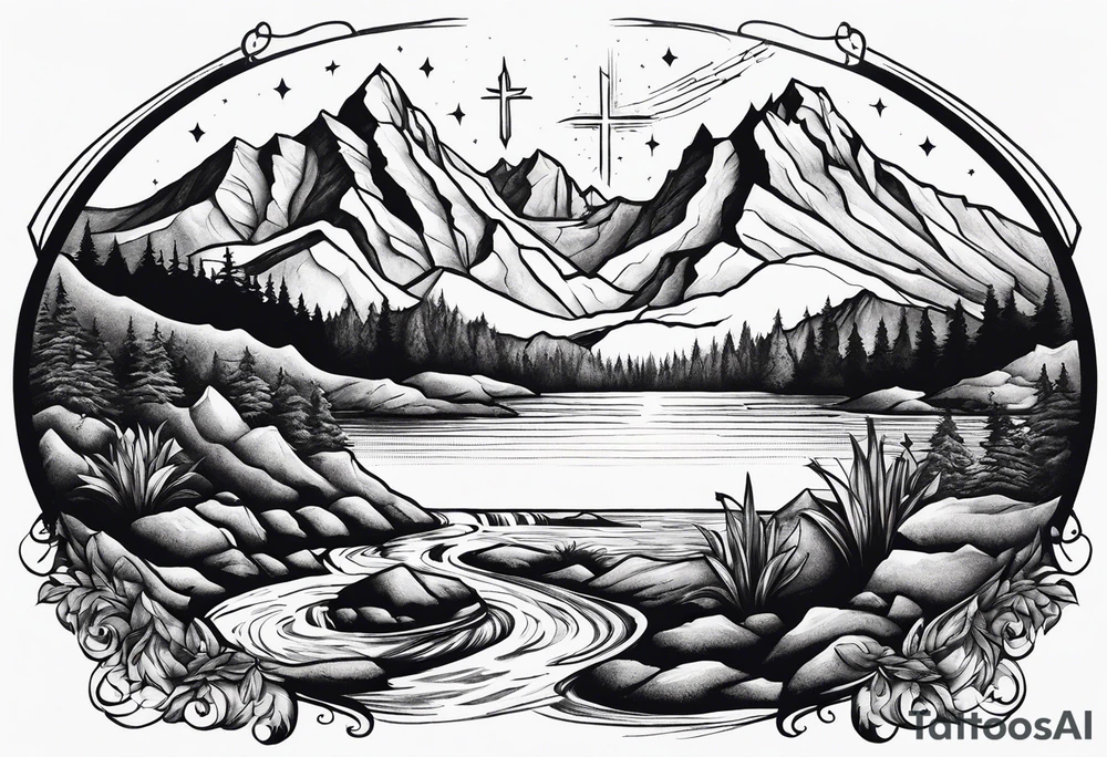 mountains, nature, stars, cross, waterfall, water tattoo idea