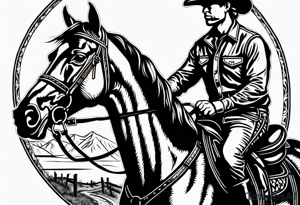 Cowboy on a horse riding in to the sunset silhouette tattoo idea