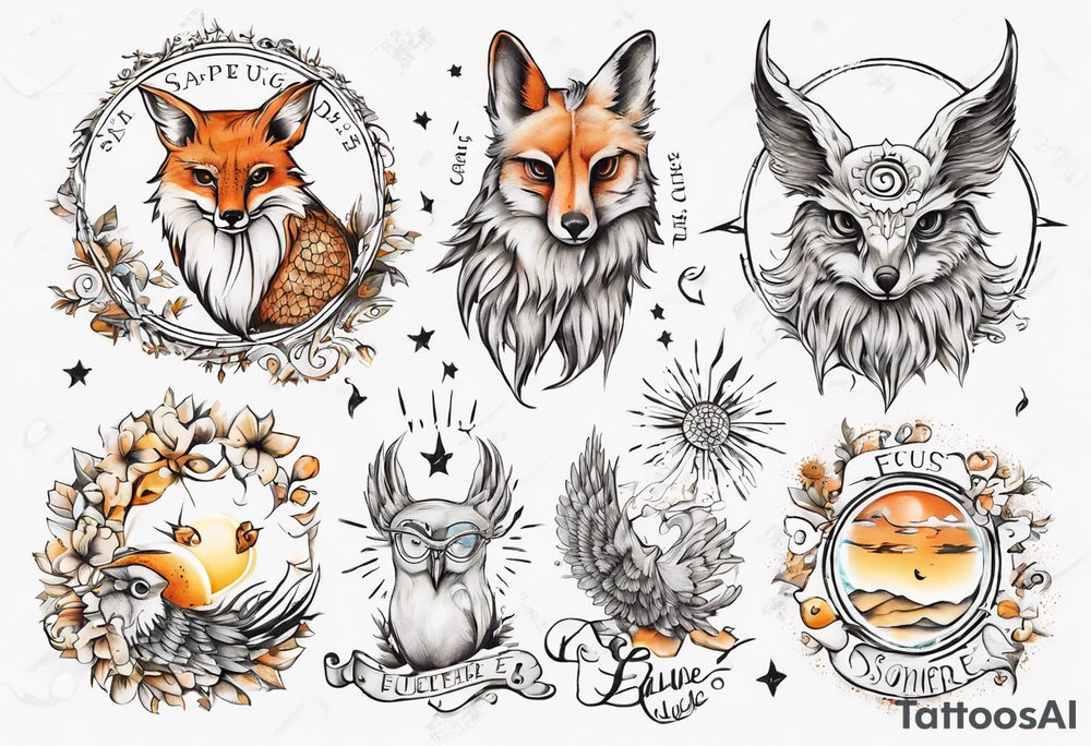 Fuchs und Eule unter der Sonne mit dem Schriftzug Sapere Aude tattoo idea
