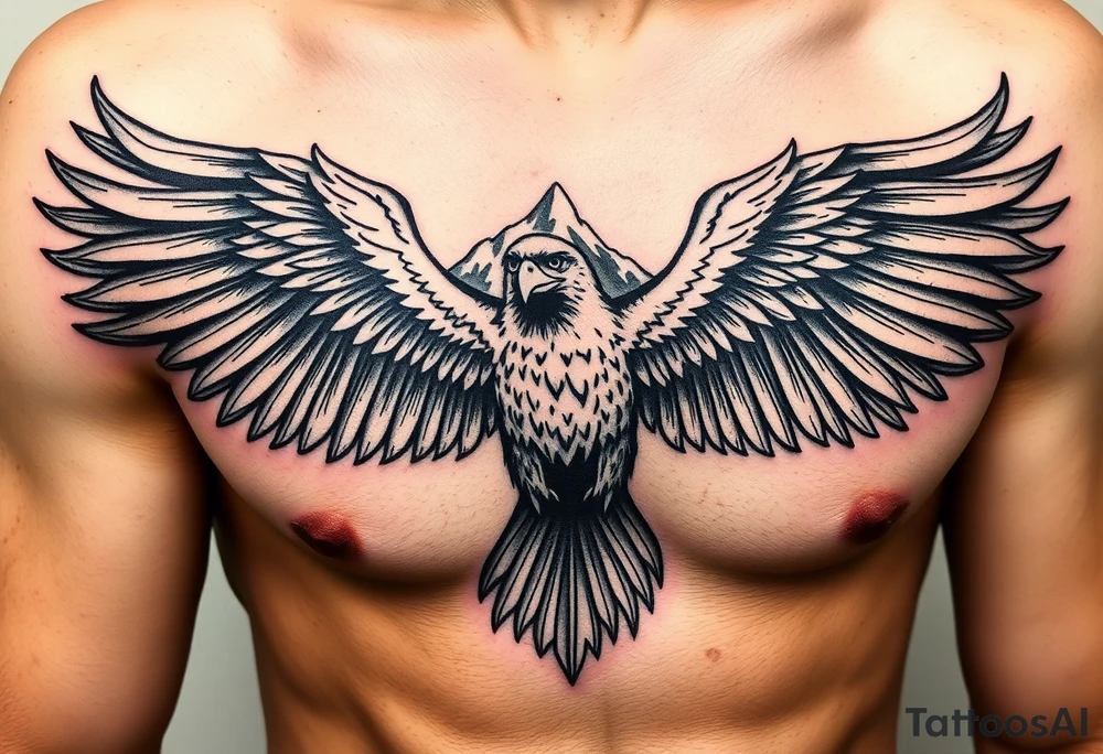 majestic eagle spreading wings against mountain peaks tattoo idea