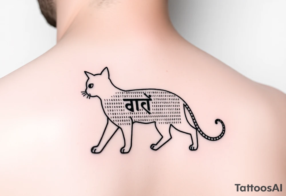 "Minimalist black tattoo of a quantum cat. Design elements:  
1. Outline made of binary code (alternating 0 and 1, crisp 1.5mm lines)  
2. Negative space inside body reveals hidden Sanskrit text ('अवलोकन न करें') when tilted  
3. Tail curves into a question mark  

Technical specs:  
- Pure black ink  
- Size: 8x5cm (forearm placement)  
- Style: geometric dotwork with optical illusion  

Philosophical hook: 'The cat only exists when unobserved'" tattoo idea