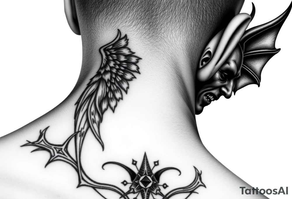 position behind the neck Angel (on the right) whispering in the right ear, demon (on the left) whispering in the left ear tattoo idea