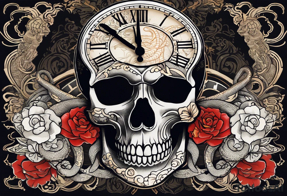 a skull and a writing that says momento morí and a clock inside the skull with a venomous snake around the whole design tattoo idea