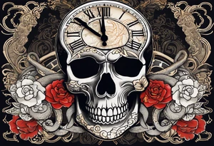 a skull and a writing that says momento morí and a clock inside the skull with a venomous snake around the whole design tattoo idea